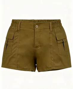 Detail view of olive green cargo shorts featuring elastic high waist and flap pockets
