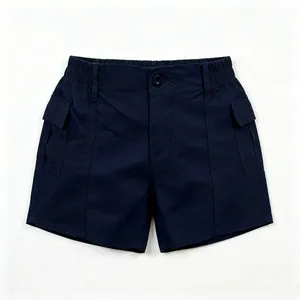 Detailed view of kids' navy cargo shorts with elastic waist and side flap pockets