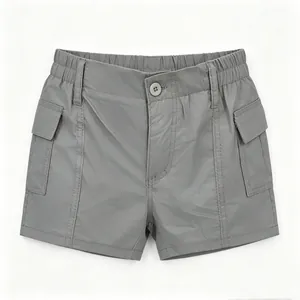 Detailed flat lay of dark grey cargo shorts with elastic waist and button detail