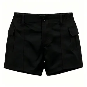 Detail view of black cargo denim shorts with elastic waistband and large side pockets
