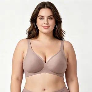Seamless plus size deep V bra with wide straps in nude pink color for comfortable support