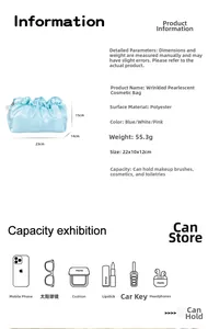 Polyester cloud makeup bag dimensions 22x10x12cm with 55.3g weight and capacity detail