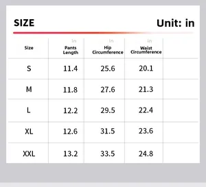 Size chart for high waist yoga shorts showing length, hip and waist measurements in inches
