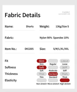 Especificación detallada de la tela del pantalón corto de yoga con tabla de tallas y nylon
