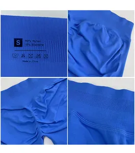 Close-up of royal blue yoga shorts showing rib knit texture and seamless seam detail