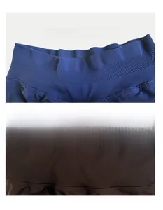 Detail of high-waist yoga shorts showing ruffle and flat waistband options in ribbed knit