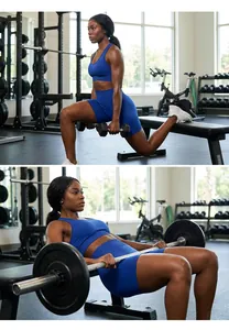 Detail of royal blue high-waisted fitness shorts and tank top in gym setting