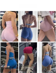 Collage of high-waist yoga shorts in various colors showing compression and lifting fit