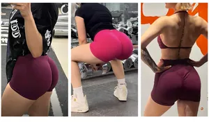 Detailed back view of high-waisted scrunch butt yoga shorts in gym workout setting