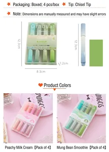 Detailed specifications and color options for gradient pastel chisel tip highlighter sets
