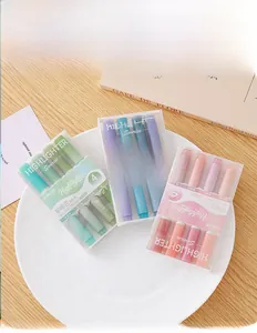 Detailed close-up of 12 colors soft macaron highlighters in aesthetic packaging