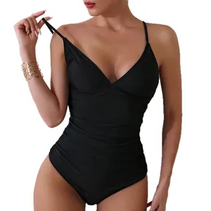 Sexy black one-piece swimsuit with slim straps, V-neck, and ruched tummy control design