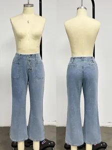 Detail of light blue wide leg jeans with four metal button closure and large front pockets