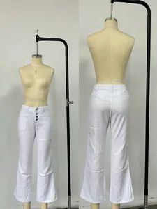 Detail of high-waist white denim trousers with four silver buttons and large front pockets