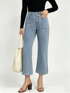 Retro light blue high waist wide leg jeans with single-breasted buttons and large pockets
