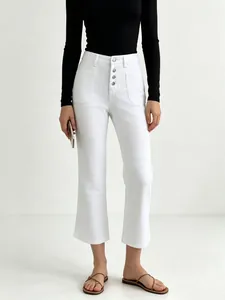 Women's Retro High Waisted Denim Jeans Button Fly Wide Leg Flared Pants Cotton Solid Color Washed Office Lady Casual Jeans