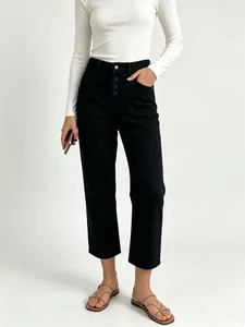 Women's black high-waisted wide-leg denim pants with button fly and cargo pockets