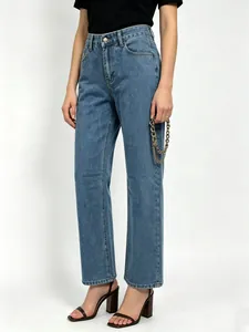Klassische halbblaue High-Waist-Jeans mit weitem Bein aus Premium-Denim in gerader Form