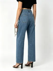 Klassische Retro-Denim-Jeans mit hoher Taille und weitem Bein mit Gesäßtaschen in Blau