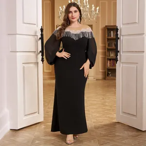 Elegant black long-sleeved evening gown with silver fringe neck detail and slim fit