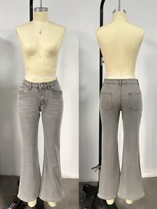 Front and back view of grey high-waisted flared jeans with a classic five-pocket design