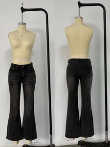Detailed front and back view of women's black micro flare jeans on a mannequin