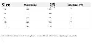 Size chart for women high waist trousers showing waist, hip, and inseam measurements in cm