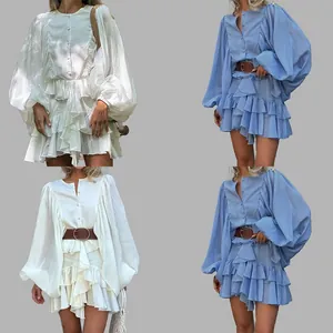 Elegante Abito Mini Donna con Volant Maniche a Lanterna Girocollo Tinta Unita Vita Alta Abito a Strati Moda Pendolare