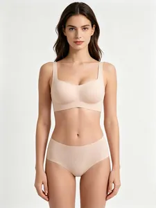 Front view of seamless square neck bralette set with matching briefs in nude color