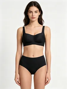 Front view of seamless square neck black lingerie set with high waist seamless panties