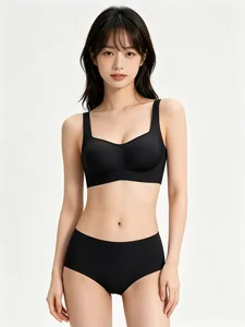 Detail of seamless square neck black bra and matching high-elastic briefs set