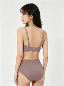 Rear view of seamless square neck bra and high waist panties in dusty purple set