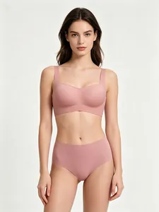 Seamless square neck bralette set in soft dusty pink featuring matching panties
