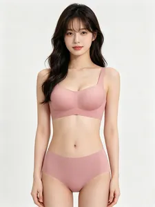 Detail view of pink seamless square neck bralette set with matching high-waist panty