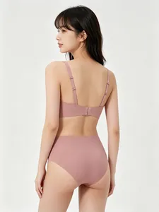Back view of seamless square neck lingerie set in soft pink with adjustable straps