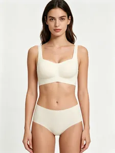 Front view of seamless square neck bra and high waist panty set in off-white finish