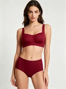 Front view of seamless square neck bralette set in deep red with matching high-waisted briefs