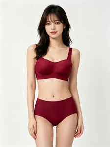 Close-up of seamless wine red square neck bralette set with soft support and matching briefs
