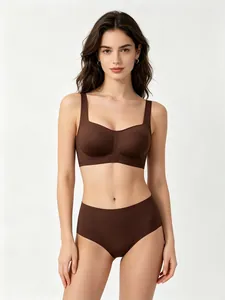 Seamless square neck bralette set with matching high-stretch briefs in dark brown