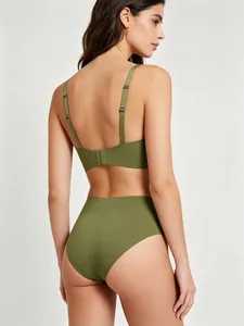 Rear view of olive green seamless bra and high waist panty set with adjustable straps