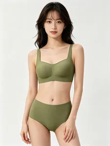 Detailed view of seamless olive green square neck bralette set with soft elastic fabric