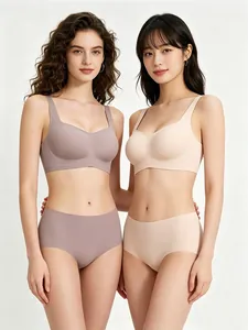 Seamless square neck bralette set with high-waisted briefs in soft lilac and beige tones