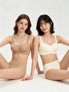 Seamless square neck bralette set with matching panties in nude and cream tones