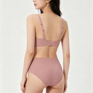 Seamless square neck lingerie set in soft mauve with wireless bra and high waist panties