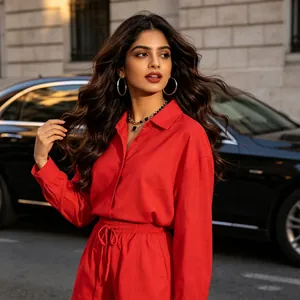 Outdoor shot of a red long sleeve shirt and matching drawstring waist pants set