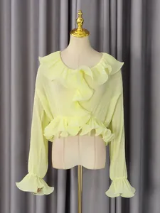 Pale yellow ruffled chiffon long sleeve shirt with elegant pleated texture for women