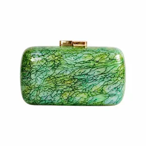 Elegant green marble acrylic evening clutch bag with gold hardware for women's gala dinner