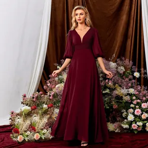 Elegantes Weinrot V-Ausschnitt Laternenärmel Chiffon Abendkleid Hohe Taille Plissee Maxikleid Für Party Hochzeit Damen