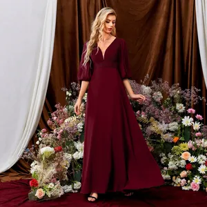 Elegantes weinrotes Abendkleid aus Chiffon mit V-Ausschnitt und Puffärmeln für Damen