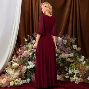 Elegantes retro weinrotes Abendkleid mit langen Laternenärmeln und bodenlangem Chiffon-Saum